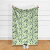 Spring garden flowers and bees in pastel minty green, large scale