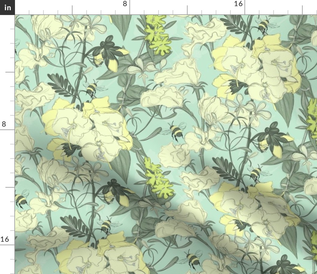 Spring garden flowers and bees in pastel minty green, large scale