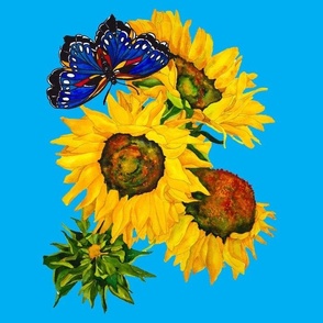 107c.  LARGE Blue Butterfly and Sunflowers on a light blue background 