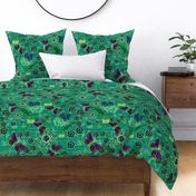 Dark Academia butterflies, inkwells and geometric flowers on green hued,handwriting large