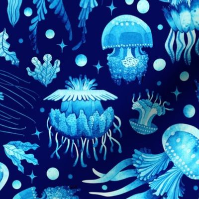 Luminous Monochromatic Jellyfish in Watercolor