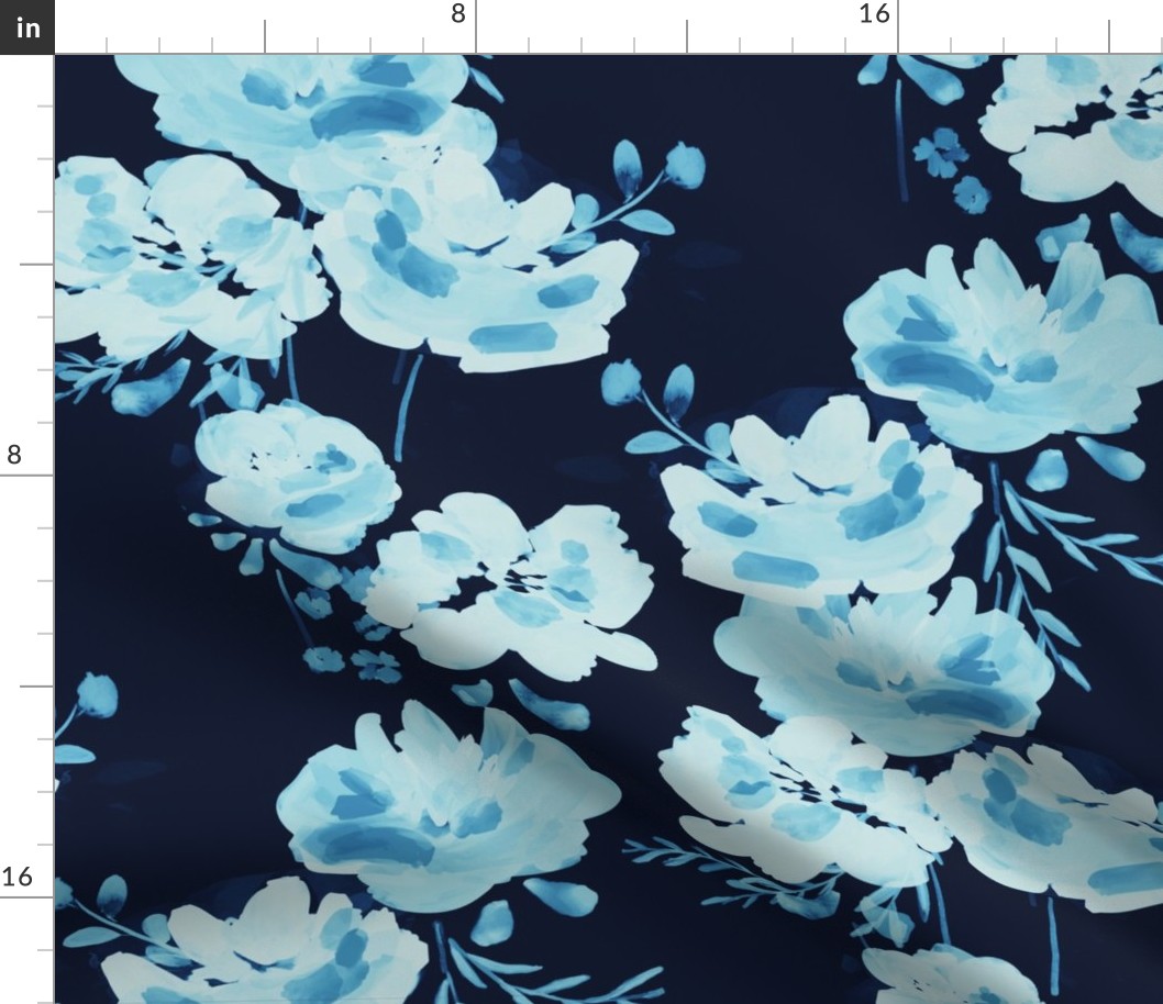 Dark Abstract Blooms - Blue - Large Scale