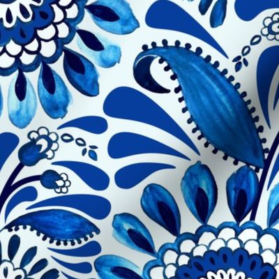 fantasy floral-monochrome-watercolor-blue-large scale