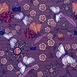 Dark Academia inkwells, butterflies and handwriting on mulberry aubergine background large