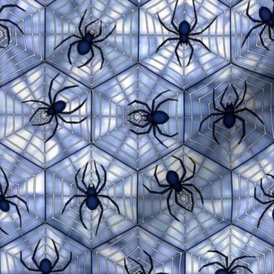 spiders on spiderwebs in hexagons on periwinkle bokeh