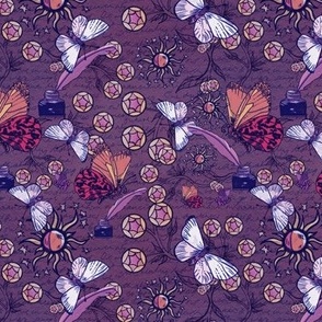 Dark academia butterflies, writing and inkwells on aubergine mulberry background small