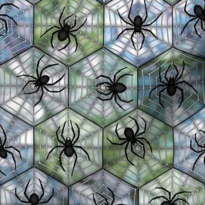 spiders on spiderwebs in hexagons on bokeh
