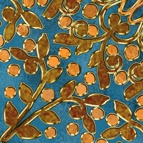 Mottled Kaleidoscope Vine with Berries in Blue Peach and Golden Brown