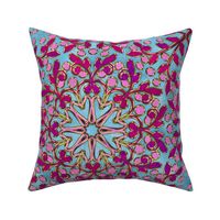 Mottled Kaleidoscope Vine with Berries in Raspberry Sky Blue and Pink