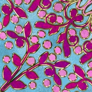 Mottled Kaleidoscope Vine with Berries in Raspberry Sky Blue and Pink