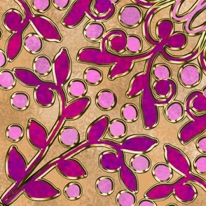 Mottled Kaleidoscope Vine with Berries in Raspberry Pink and Light Gold