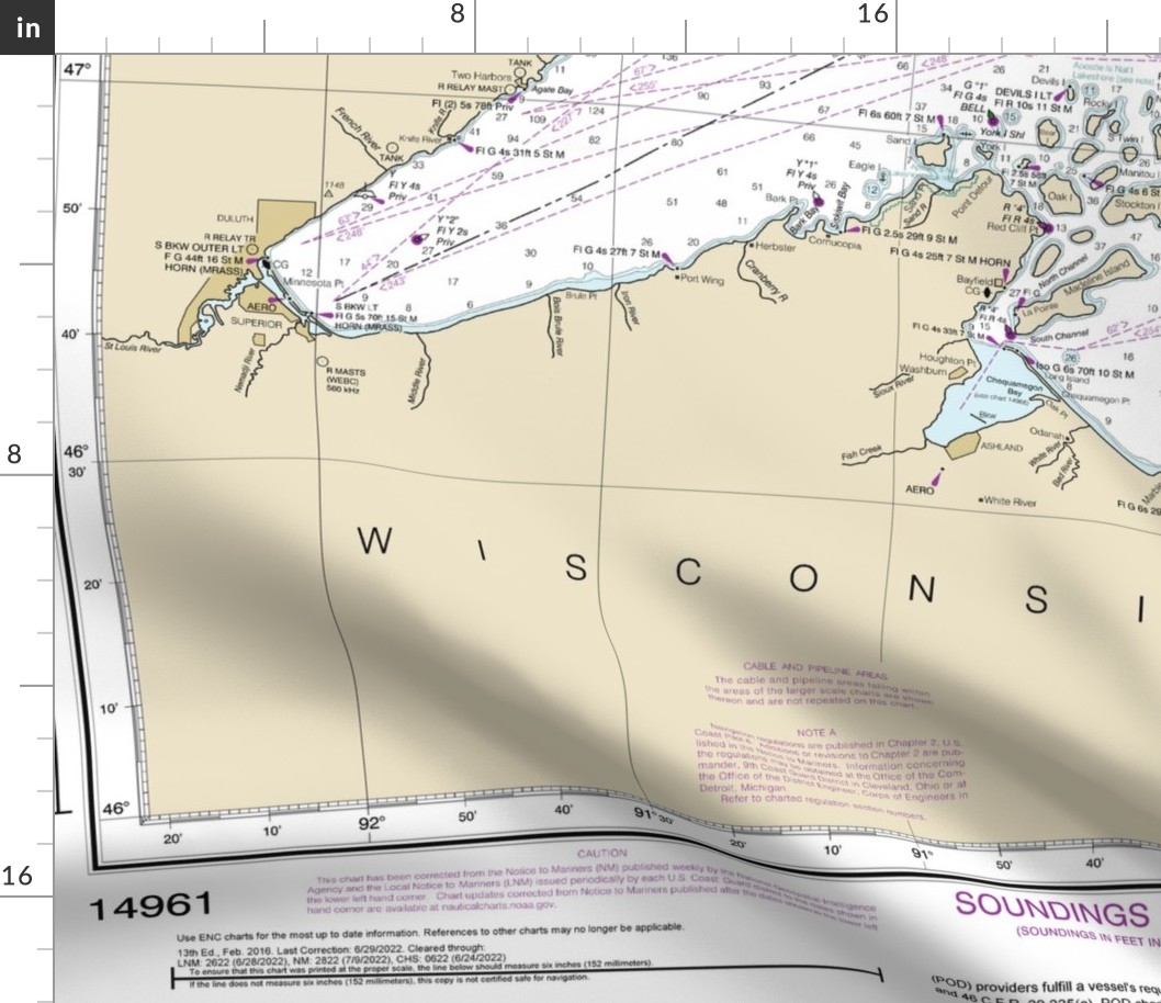NOAA Lake Superior nautical chart #14961 (42x27" - fits one yard of narrower fabrics)