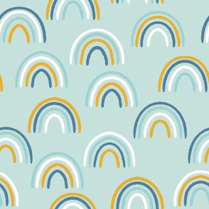 Rainbows  || blue white and yellow rainbows on aqua blue || Daisy Age Collection  by Sarah Price.