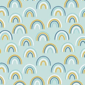 Rainbows  || Daisy Age Collection || blue white and yellow rainbows on aqua blue  | by Sarah Price.