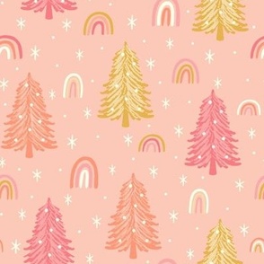 Christmas Holiday Merry and Bright Trees and Rainbows-Pink