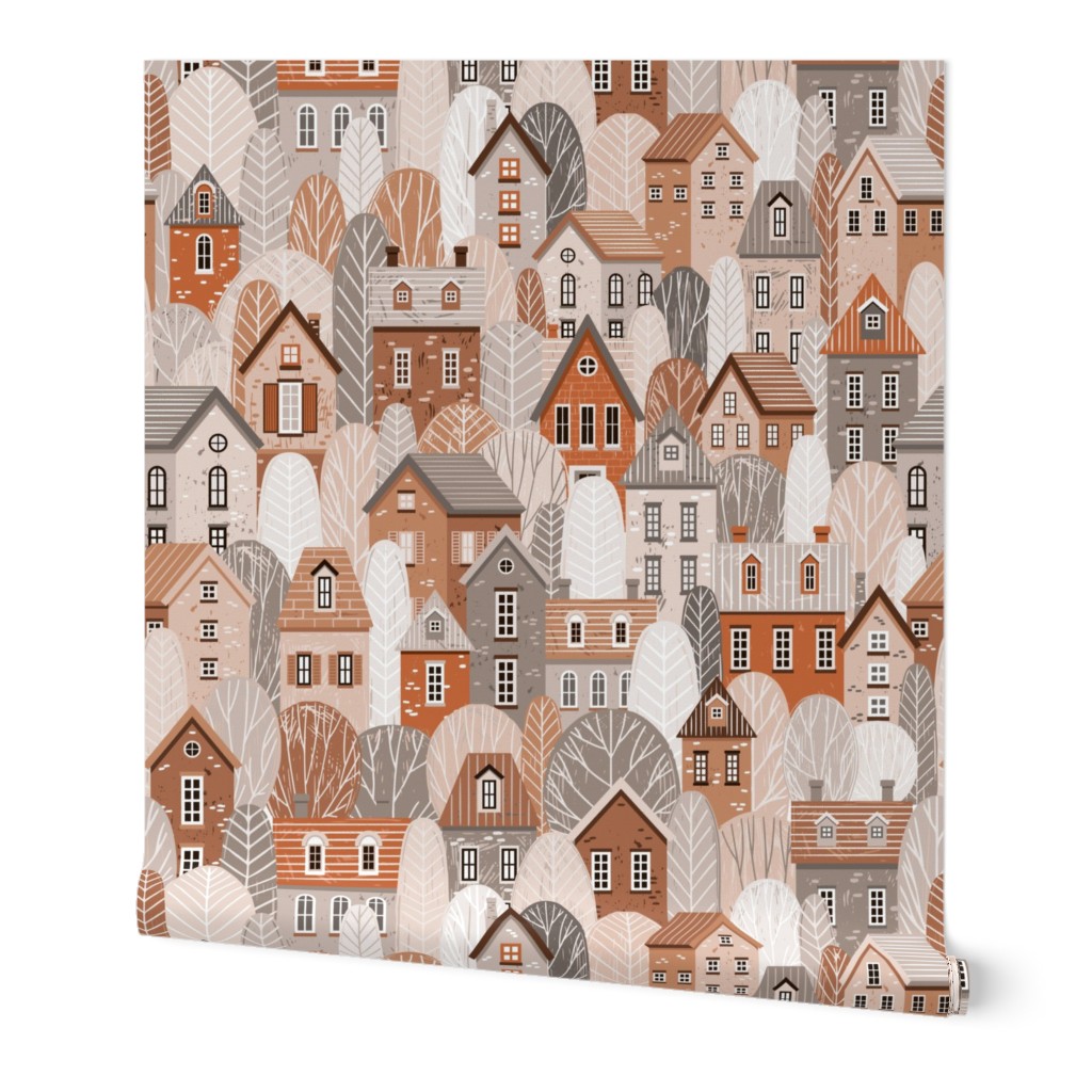 Fall houses and trees in ochre brown, terracotta red, grey and pink | large