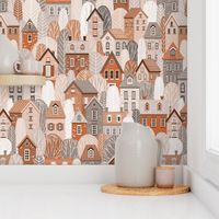 Fall houses and trees in ochre brown, terracotta red, grey and pink | large