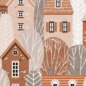 Houses and trees in fall monochrome colors, medium scale