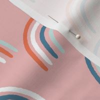 Rainbows  |  blue white and red rainbows on pink ||  Daisy Age Collection by Sarah Price. Medium Scale Perfect for bags, clothing and quilts