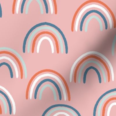 Rainbows  |  blue white and red rainbows on pink ||  Daisy Age Collection by Sarah Price. Medium Scale Perfect for bags, clothing and quilts