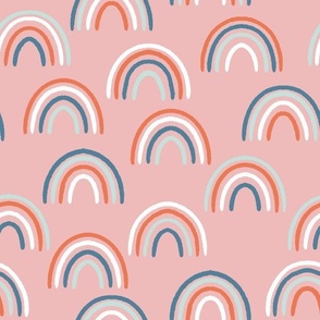 Rainbows  |  blue white and red rainbows on pink ||  Daisy Age Collection by Sarah Price. Medium Scale Perfect for bags, clothing and quilts