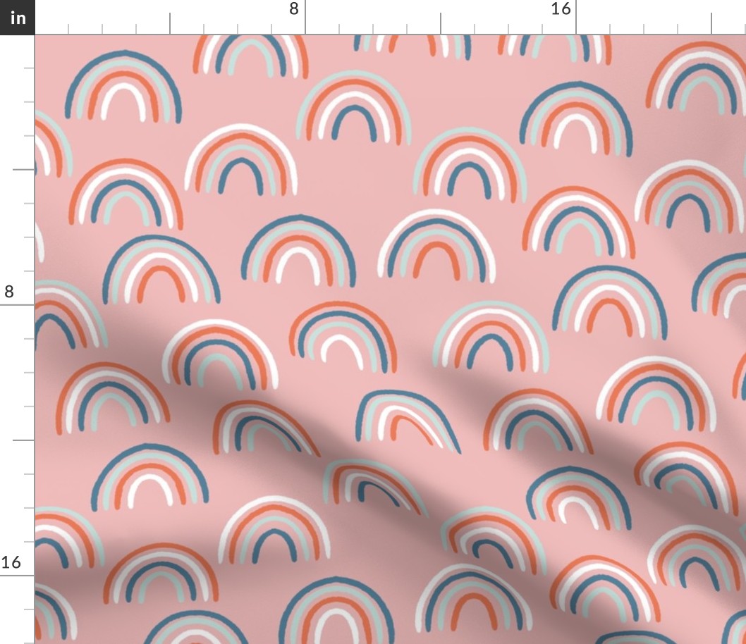 Rainbows  |  blue white and red rainbows on pink ||  Daisy Age Collection by Sarah Price. Medium Scale Perfect for bags, clothing and quilts