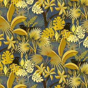 medium - Jungle in blue and gold with black panthers - medium scale wallpaper