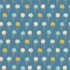 50’s floral || blue pink and yellow flowers on blue || Coastal Cottage Collection  by Sarah Price
