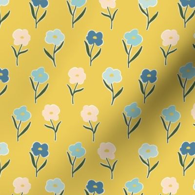 50’s floral  || pink blue and yellow flowers on yellow || Coastal Cottage Collection by Sarah Price