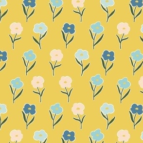 Simple 50’s floral ||Coastal Cottage Collection || pink blue and yellow flowers on yellow by Sarah Price