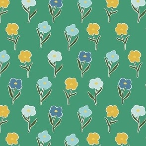 Simple 50’s floral ||Coastal Cottage Collection || blue and yellow flowers on Emerald Green by Sarah Price