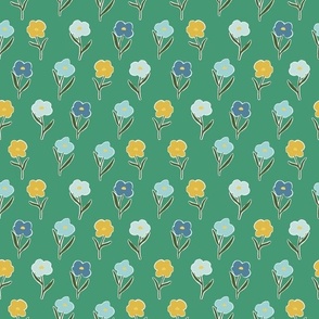 50’s floral || blue and yellow flowers on Emerald Green || Coastal Cottage Collection by Sarah Price