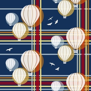 hot air balloons on dark blue double grid | medium