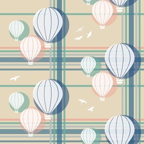 hot air balloons on almond gray double grid | medium