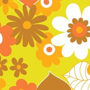 Sunshine garden - orange, white and brown on yellow - large scale