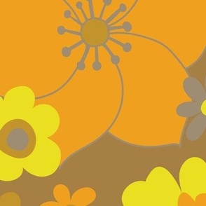 Sunshine garden - orange, grey and yellow on brown - large scale