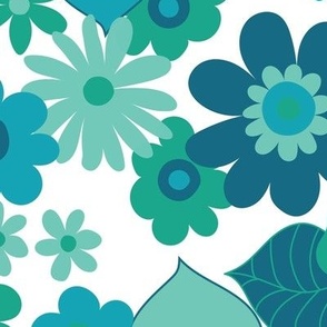 Sunshine garden - teal, turquoise and emerald on white - large scale