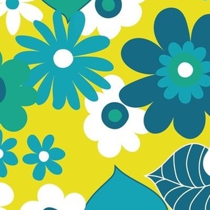 Sunshine Garden - teal, turquoise and white on yellow - large scale