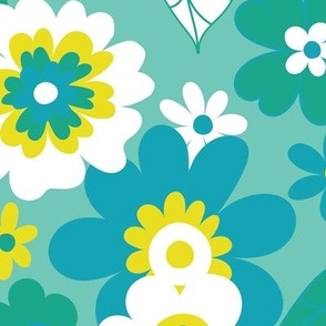 Sunshine Garden - yellow, emerald, white and turquoise on mint - large scale