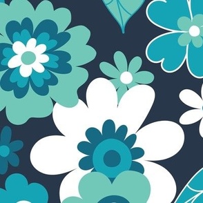 Sunshine garden - mint, turquoise and white on navy - large scale