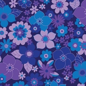 Sunshine garden - purple, blue and lilac on navy - medium scale