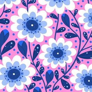 Monochrome blue flowers on pink solid background