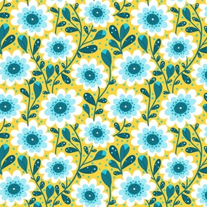 teal flowers on yellow solid background