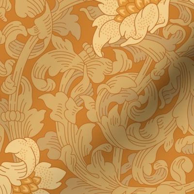 Peonies embroidery in orange hues