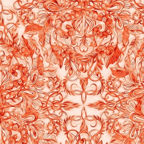 Coral Red and Peachy Cream Art Nouveau Tangle