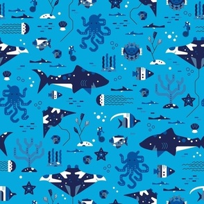 Nautical boys blue background kids ocean sea shark manta ray fabric