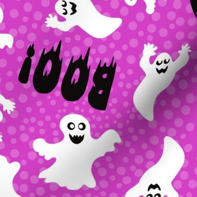 Large Scale Boo! White Halloween Ghosts on Fuchsia Pink