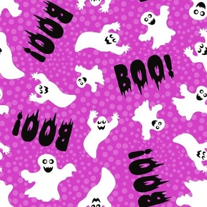 Large Scale Boo! White Halloween Ghosts on Fuchsia Pink