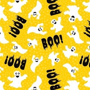 Medium Scale White Spooky Halloween Ghosts on Golden Yellow