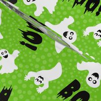 Large Scale White Spooky Halloween Ghosts on Lime Green